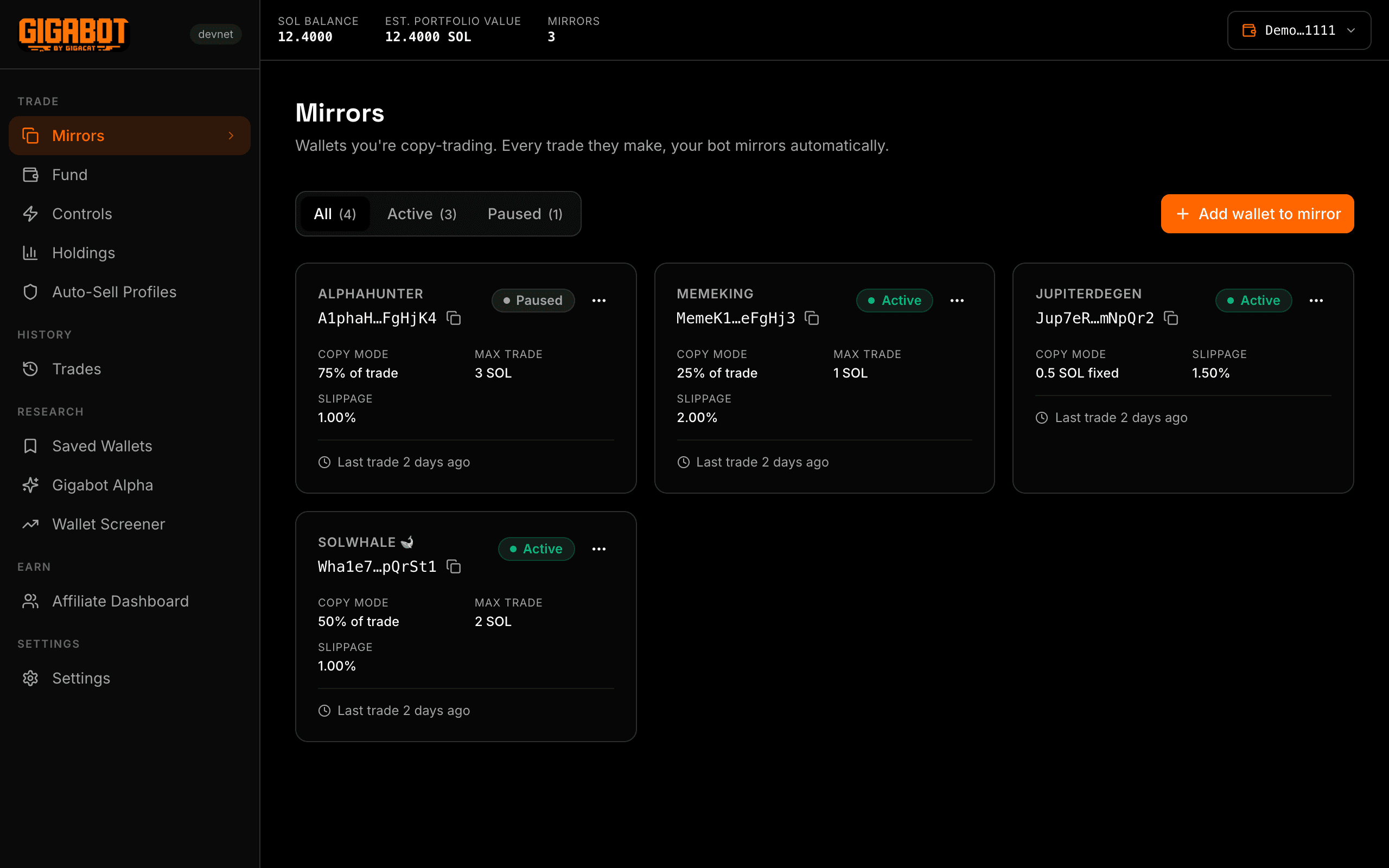 Gigabot Mirrors dashboard